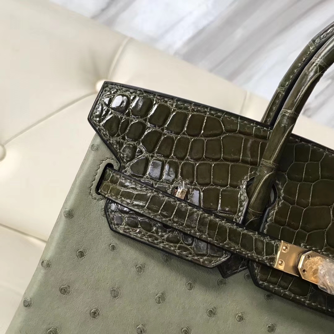 Hermès（爱马仕）Birkin25cm ostrich kk鸵鸟皮 v6丛林绿拼亮面橄榄绿鳄鱼内拼 I9杏黄色 蜡线全手工 金扣