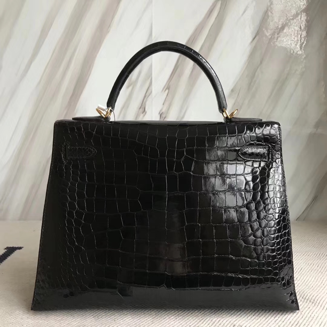 Hermès（爱马仕）Kelly32cm Porosus shiny 亮面澳洲湾鳄 ck89 黑色 金扣