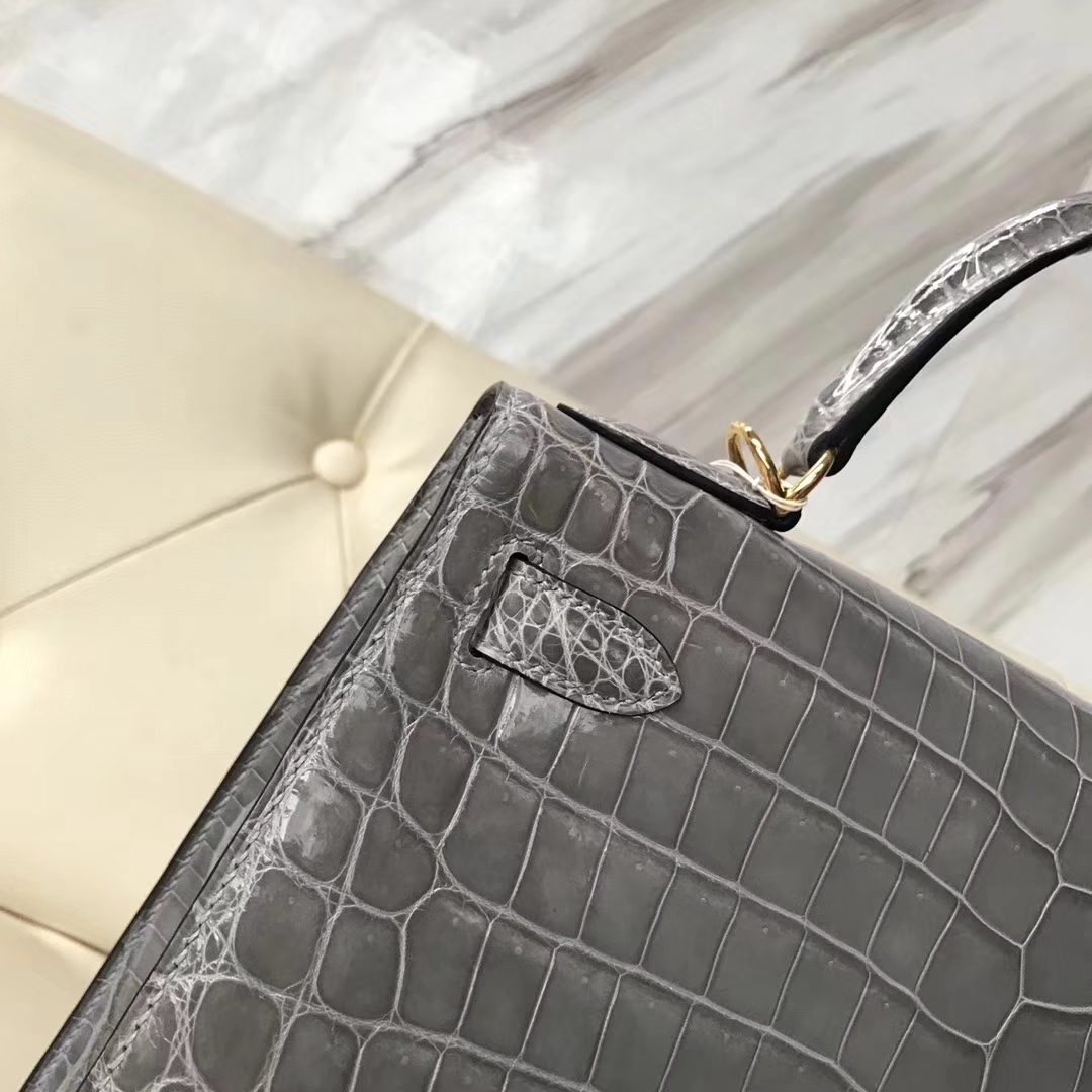 Hermès（爱马仕）Kelly28cm shiny nilo crocodile 8U冰川蓝 顶级工艺 蜡线全手工 金扣