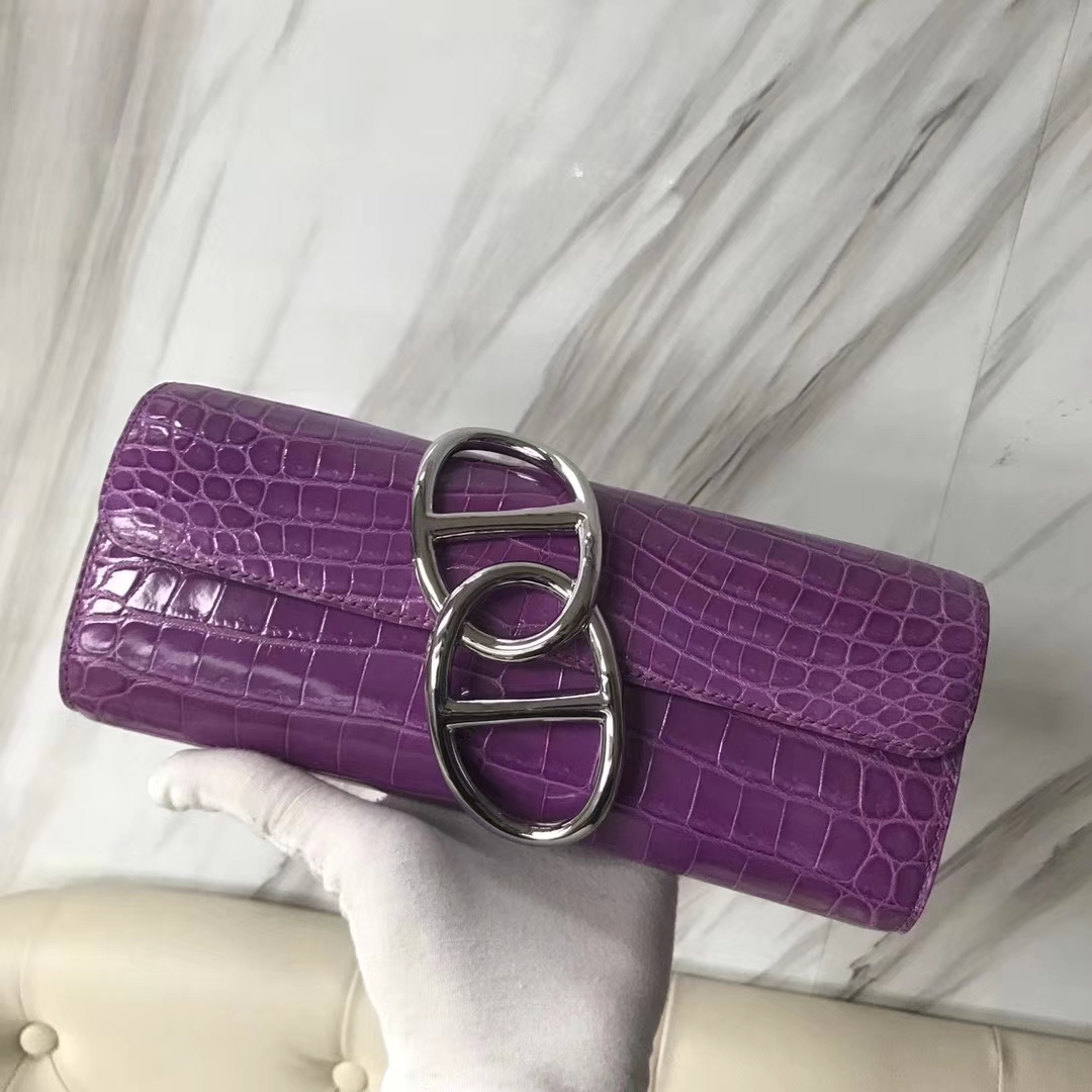 Hermès（爱马仕）egge 鳄鱼手包  玫红紫 银扣  手拿包 晚宴包