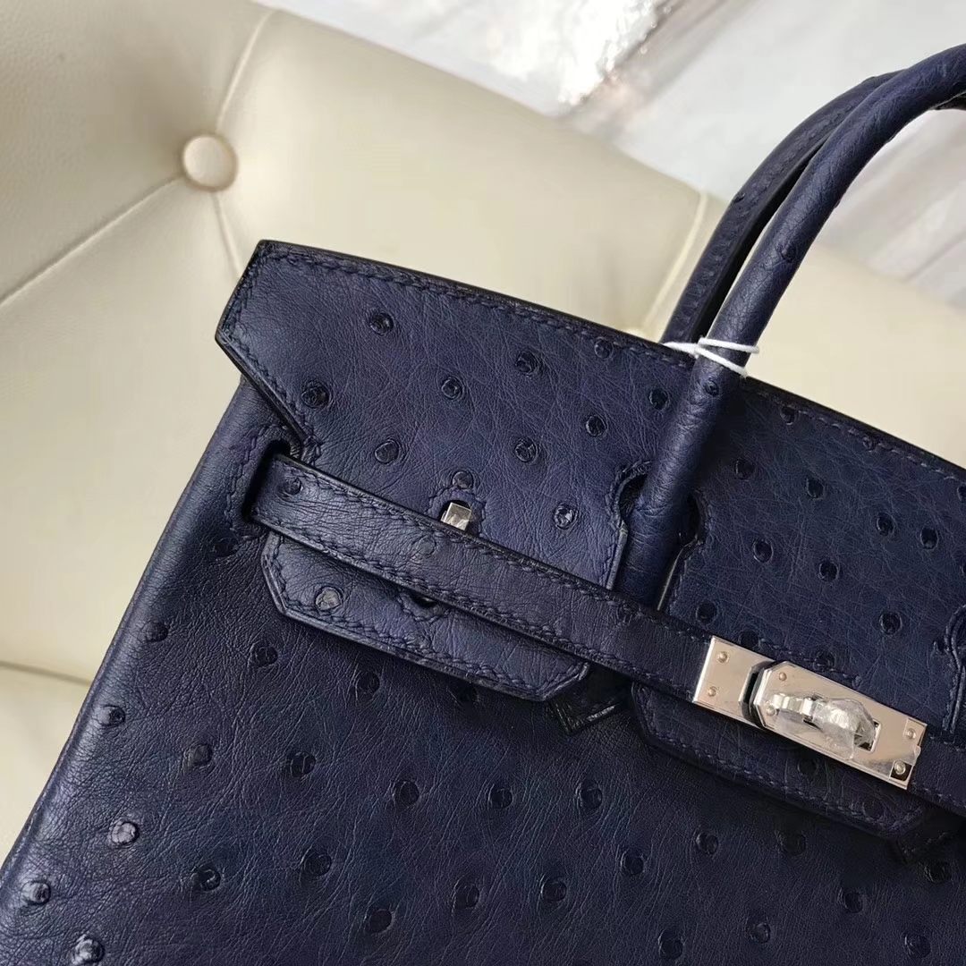 Hermès（爱马仕）Birkin25cm ostrich kk鸵鸟 顶级鸵鸟皮 ck73宝石蓝 蜡线全手工 银扣