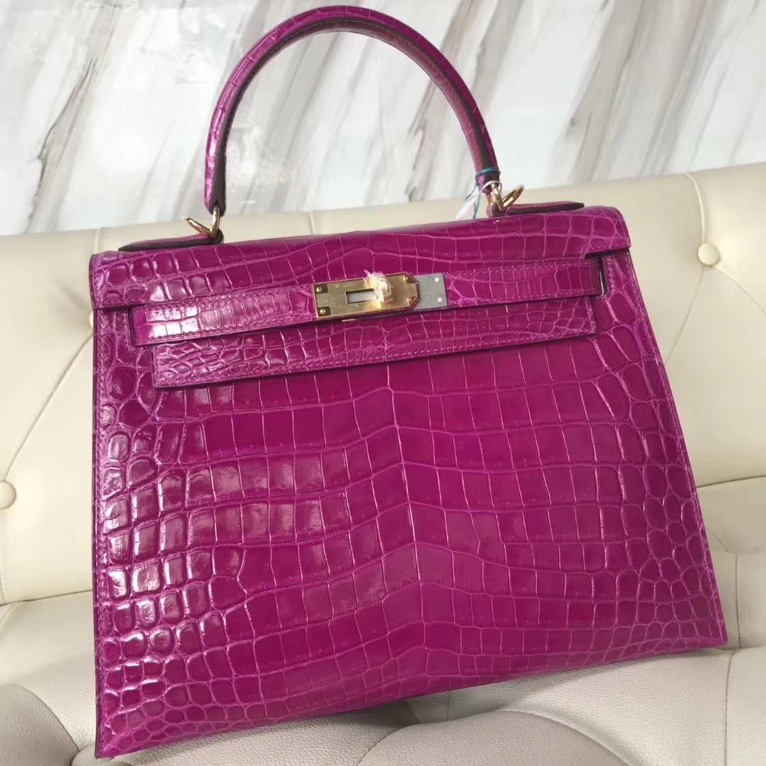 Hermès（爱马仕）Kelly28cm Crocodile shiny 亮面两点鳄鱼 J5 天方夜谭粉紫 金扣