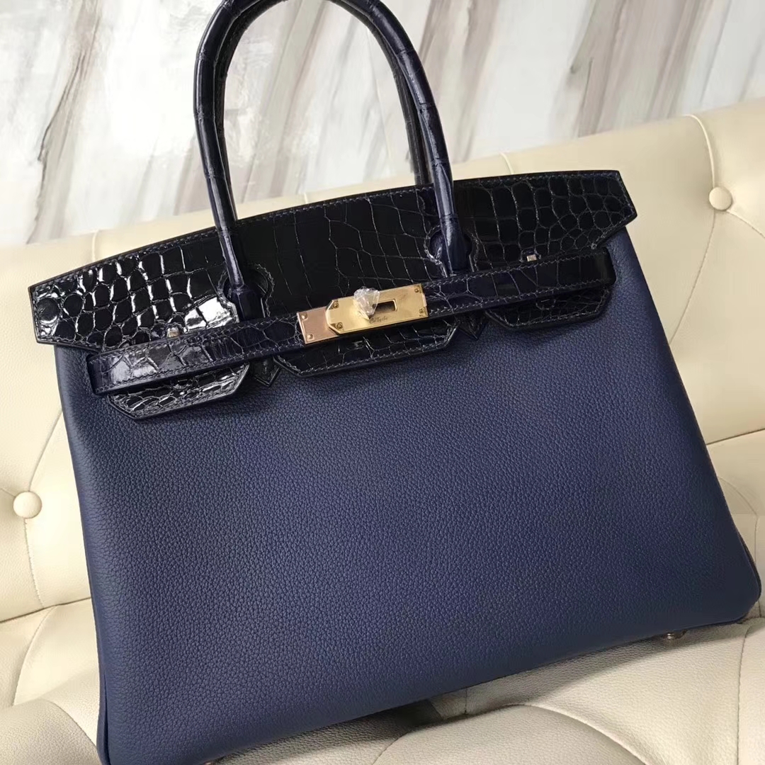 Hermès(爱马仕)Birkin30cm togo ck37宝石蓝拼亮面鳄鱼 ck78深海蓝 顶级工艺 蜡线全手工 玫瑰金-拉尔森鳄鱼皮具定制 - 爱马仕包包官网 Hermès(爱马仕)Birkin30cm togo ck37宝石蓝拼亮面鳄鱼 ck78深海蓝 顶级工艺 蜡线全手工 玫瑰金