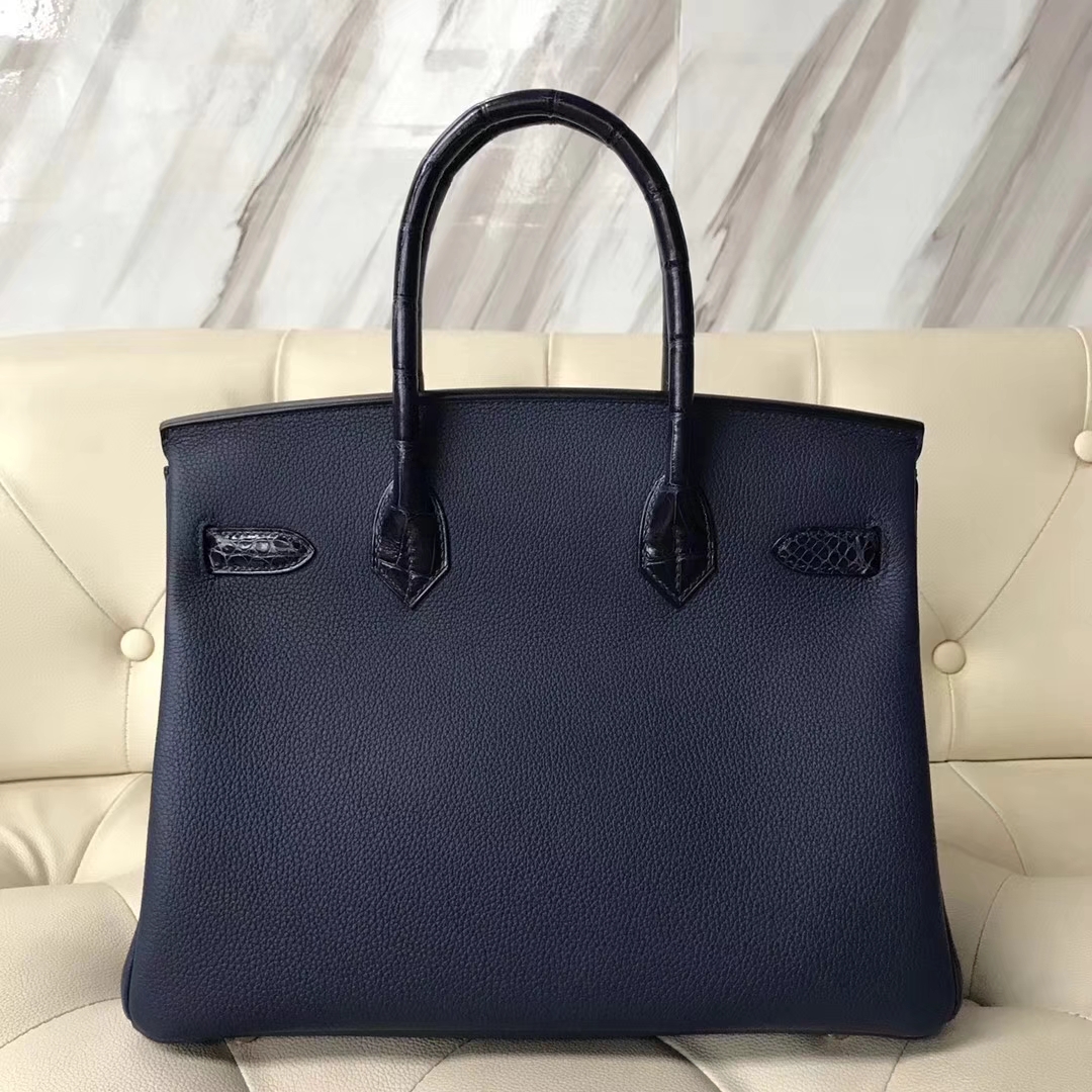 Hermès（爱马仕）Birkin30cm togo ck37宝石蓝拼亮面鳄鱼 ck78深海蓝 顶级工艺 蜡线全手工 玫瑰金