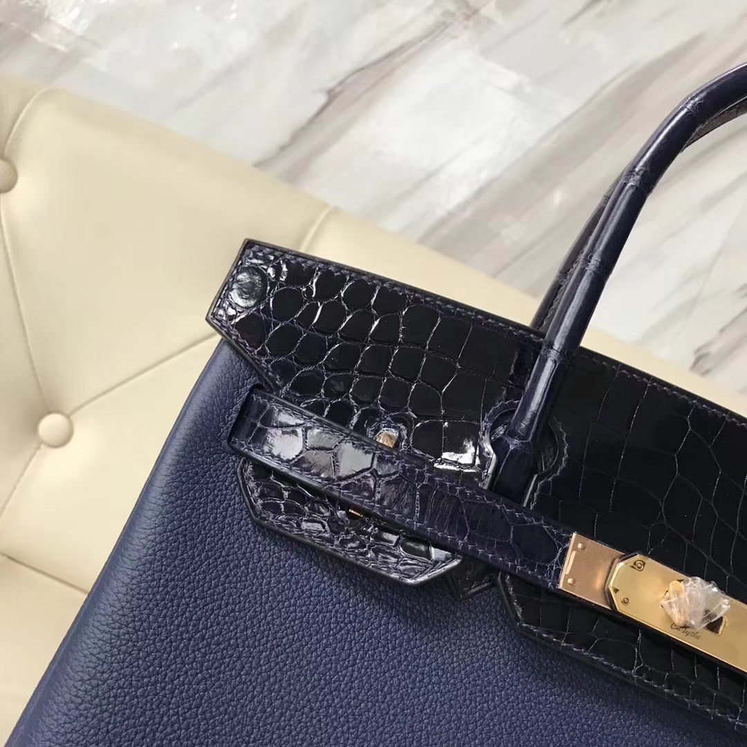 Hermès（爱马仕）Birkin30cm togo ck37宝石蓝拼亮面鳄鱼 ck78深海蓝 顶级工艺 蜡线全手工 玫瑰金