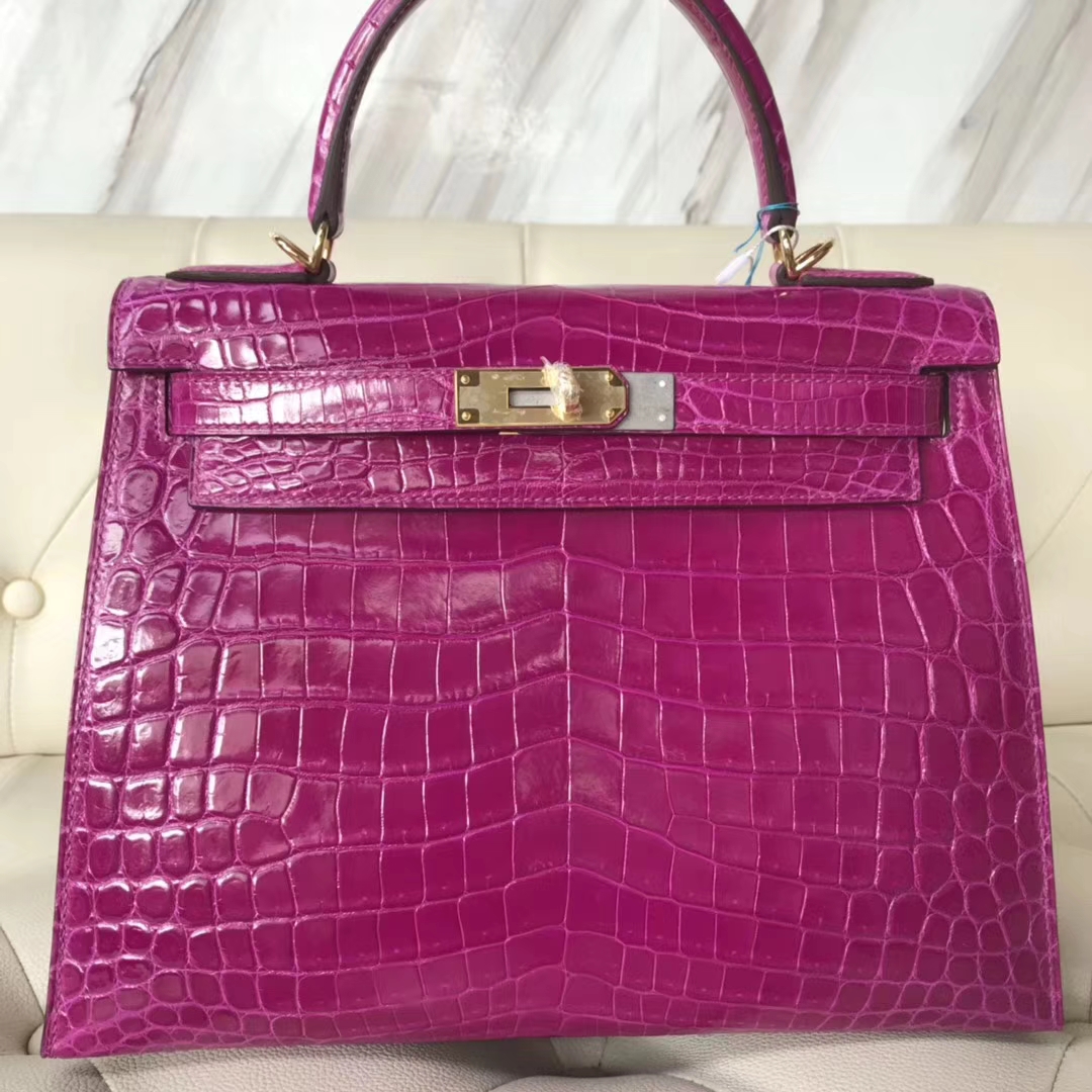Hermès（爱马仕）Kelly28cm Crocodile shiny 亮面两点鳄鱼 J5 天方夜谭粉紫 金扣