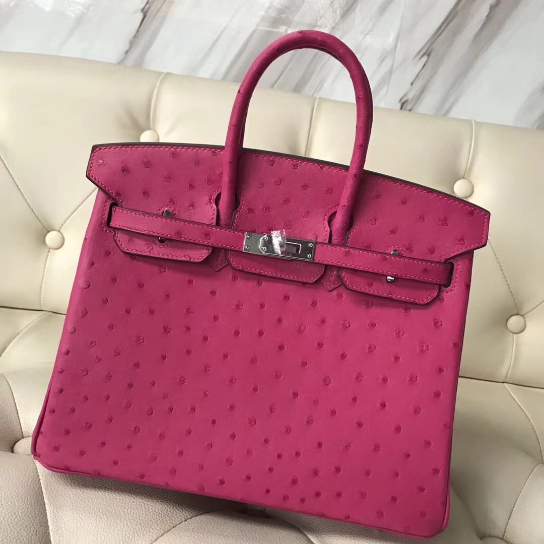 Hermès（爱马仕）Birkin25cm Ostrich kk鸵鸟 J5 桃红 银扣