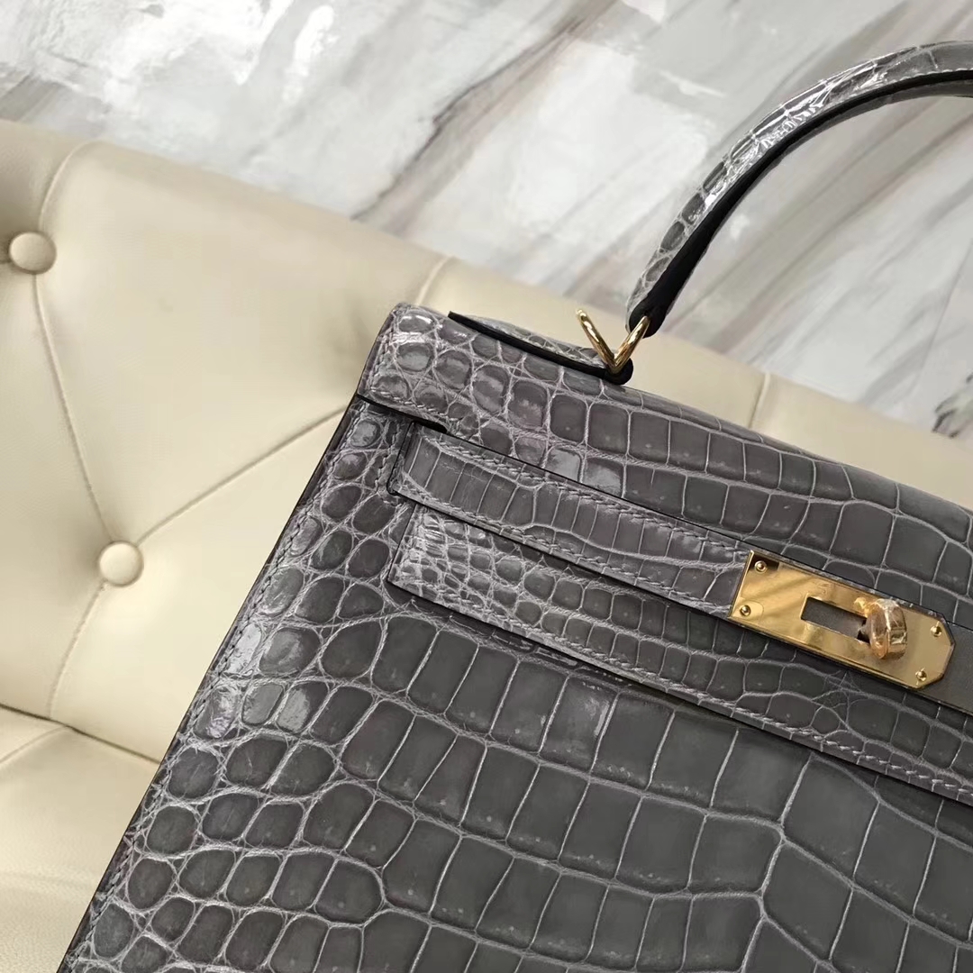 Hermès（爱马仕）Kelly28cm shiny nilo crocodile 8U冰川蓝 顶级工艺 蜡线全手工 金扣