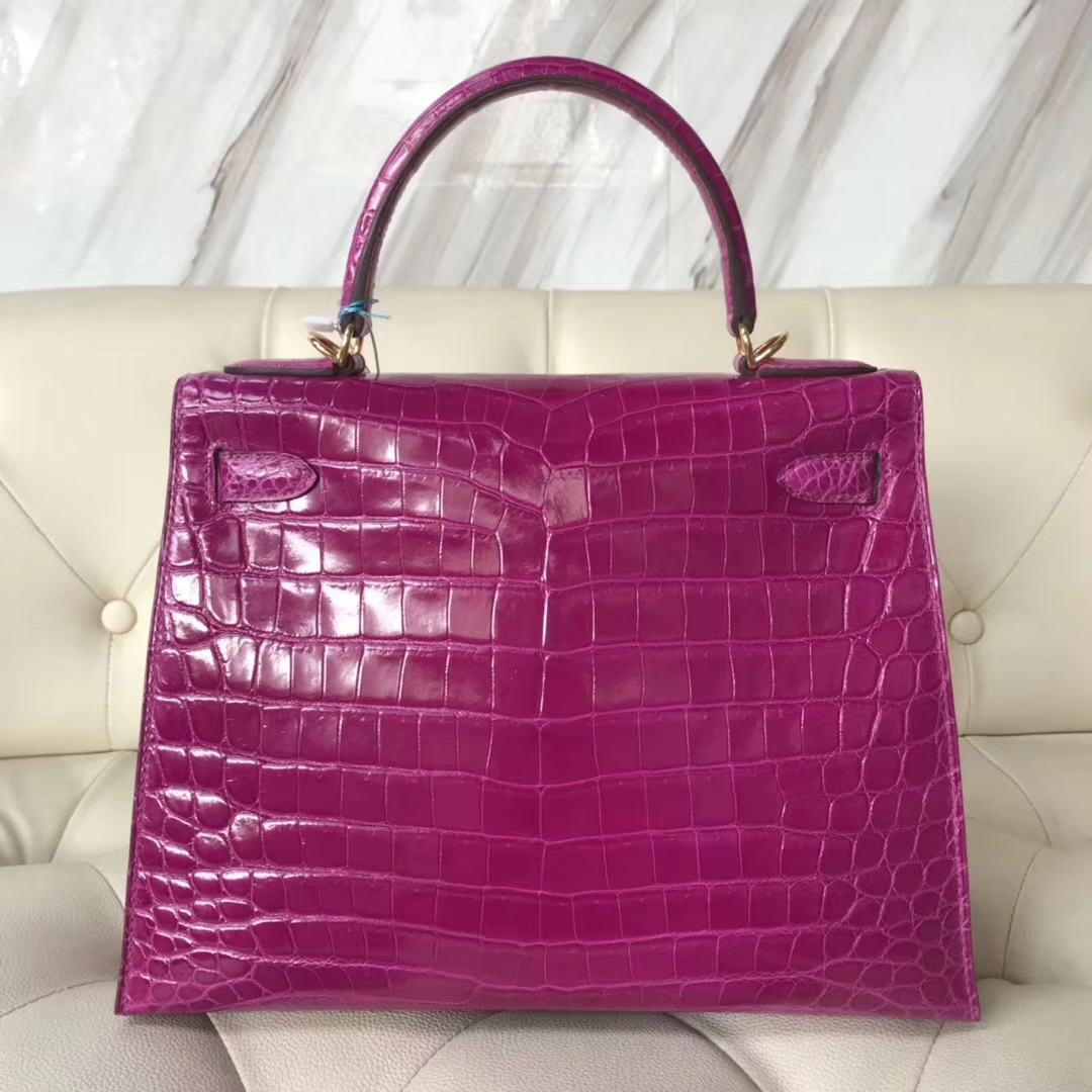 Hermès（爱马仕）Kelly28cm Crocodile shiny 亮面两点鳄鱼 J5 天方夜谭粉紫 金扣