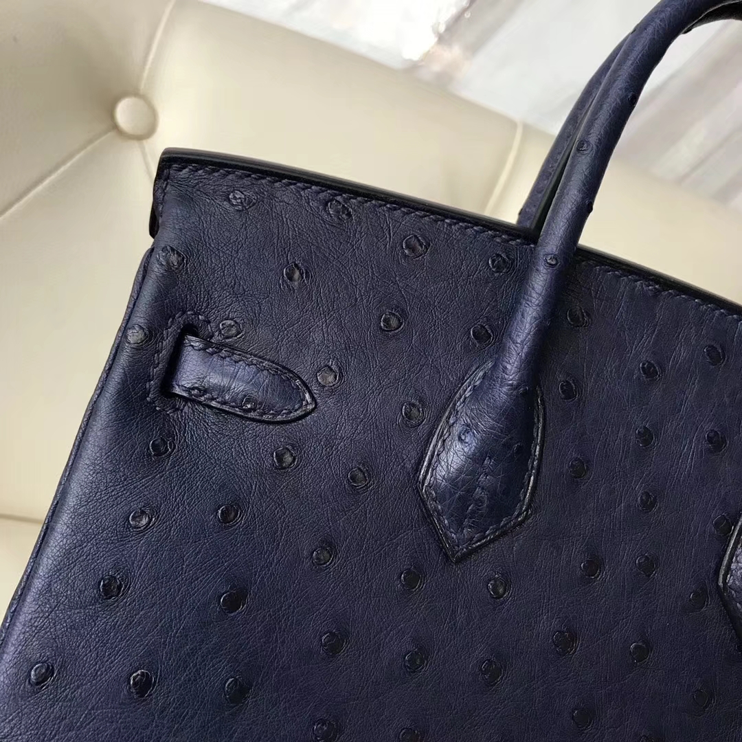 Hermès（爱马仕）Birkin25cm ostrich kk鸵鸟 顶级鸵鸟皮 ck73宝石蓝 蜡线全手工 银扣