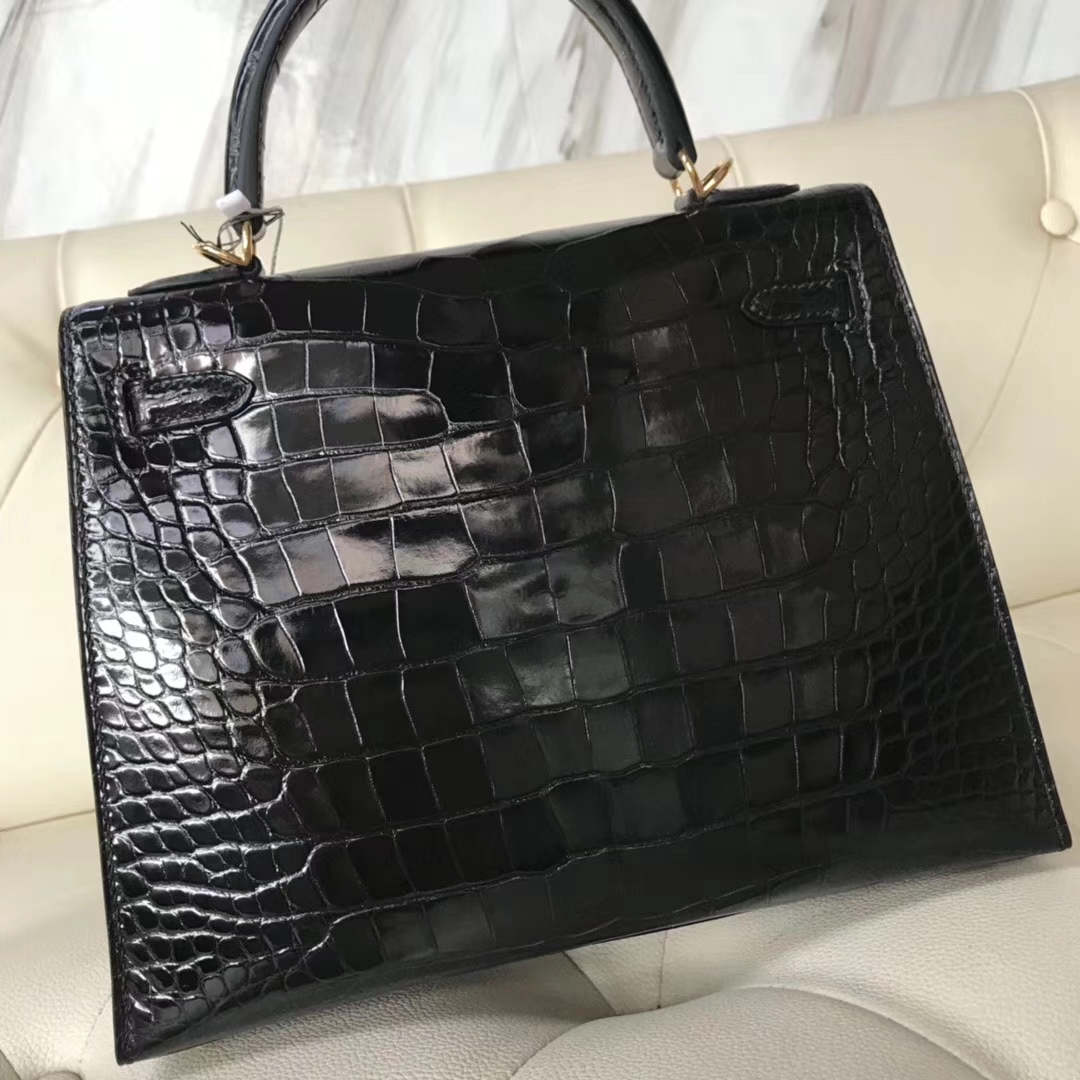 Hermès（爱马仕）Kelly25cm Alligator shiny 亮面鳄鱼 ck89 黑色 dior 金扣