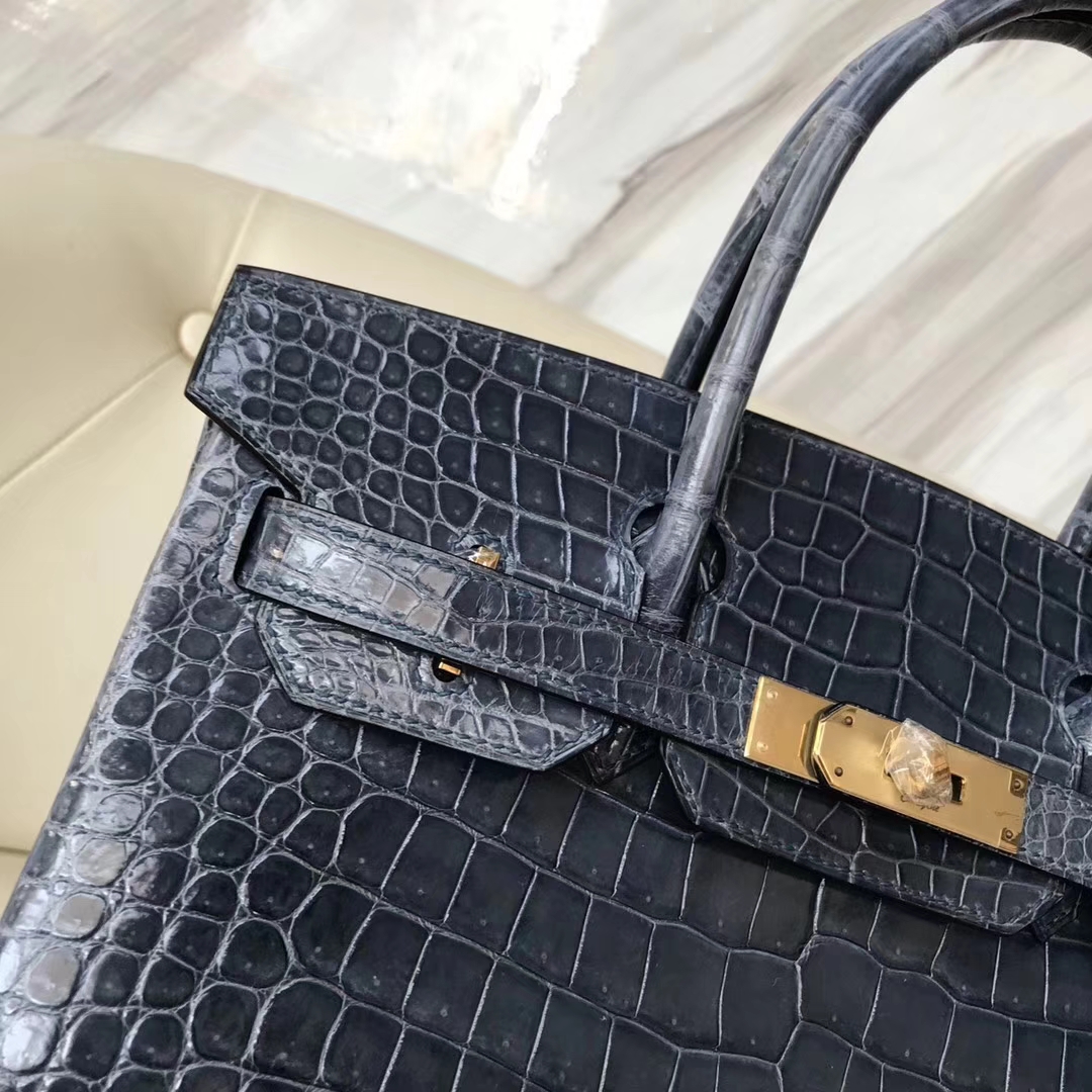 Hermès（爱马仕）Birkin30cm shiny porosus crocodile 澳洲湾鳄 N7风暴蓝 蜡线全手工 金扣