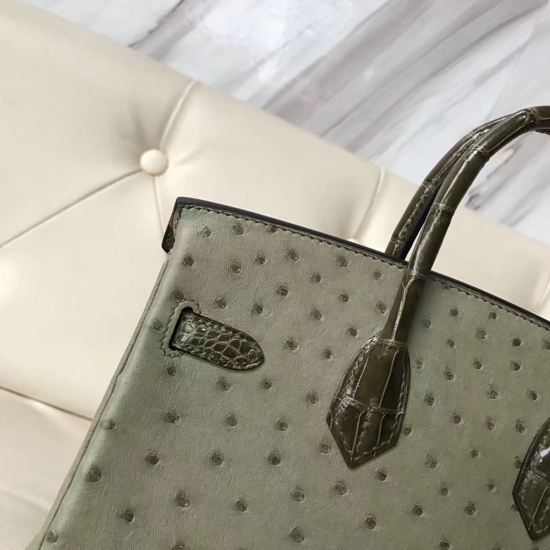 Hermès（爱马仕）Birkin25cm ostrich kk鸵鸟皮 v6丛林绿拼亮面橄榄绿鳄鱼内拼 I9杏黄色 蜡线全手工 金扣