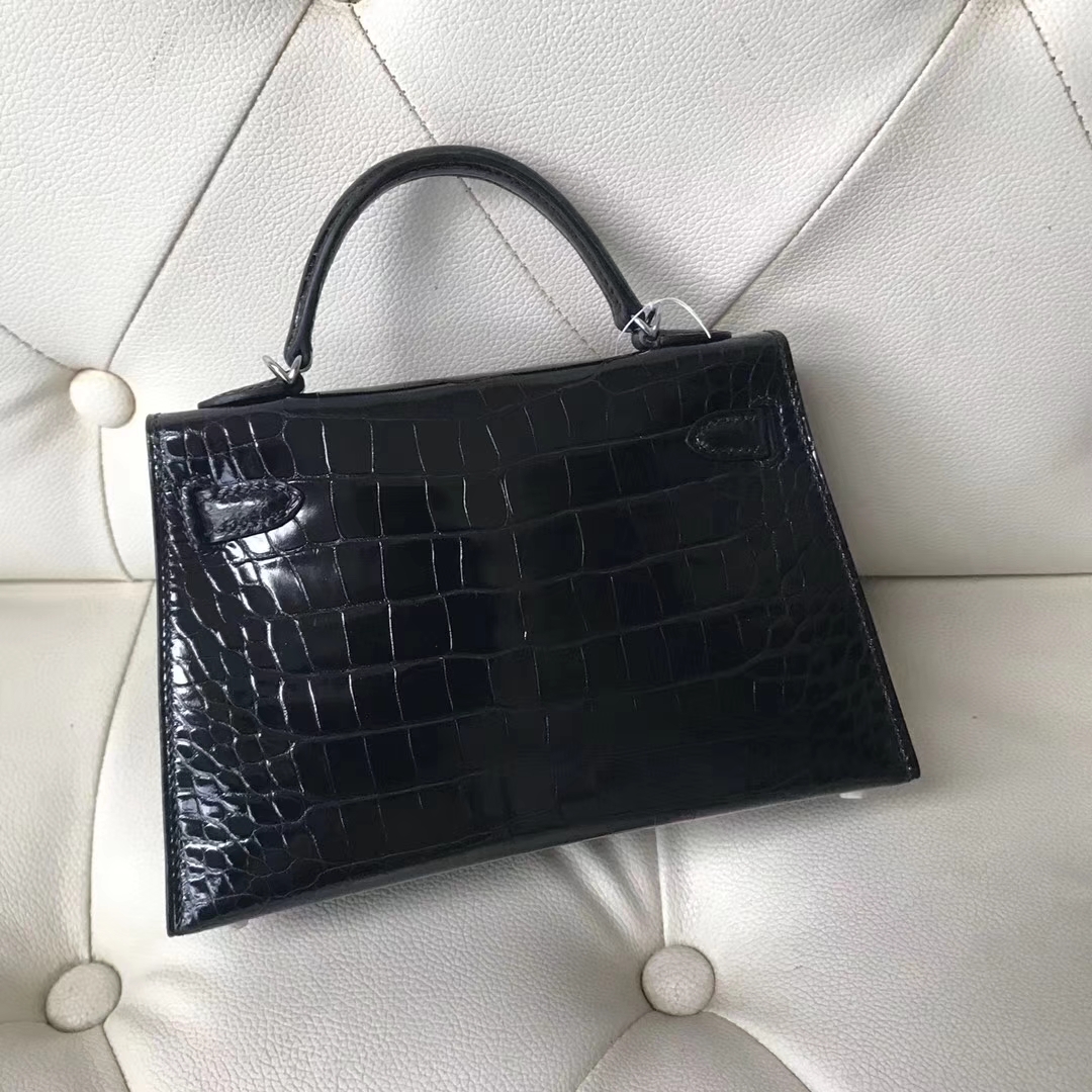Hermès（爱马仕）Minikelly ll Alligator shiny 亮面鳄鱼  ck89 黑色 银扣