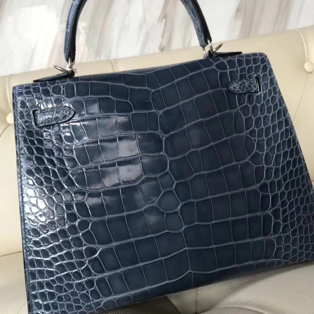 Hermès（爱马仕）Kelly25cm Alligator shiny 亮面鳄鱼 7N 风暴蓝 银扣