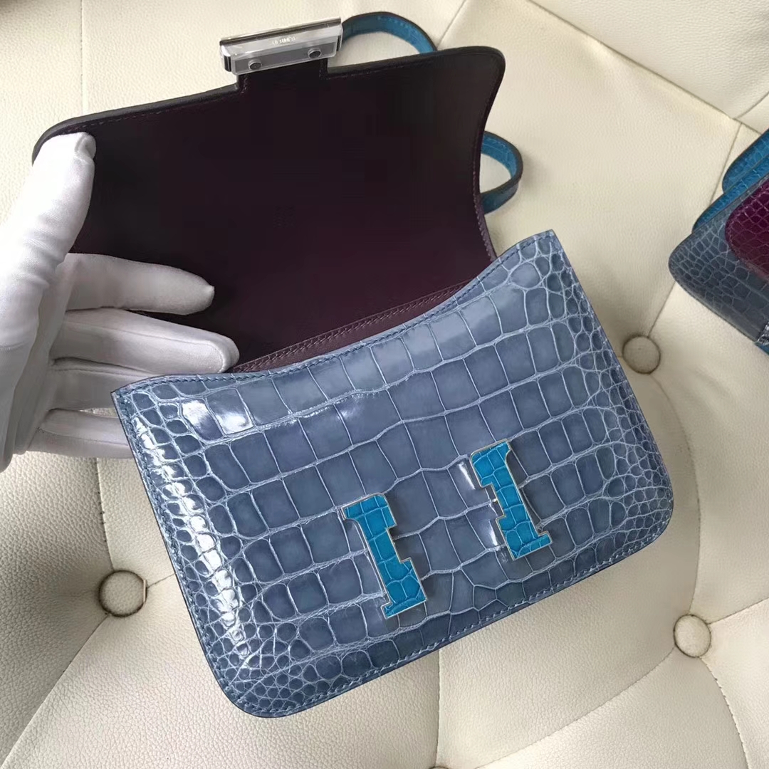 Hermès（爱马仕）Constance18cm Crocodile shiny 亮面鳄鱼 三拼 加伦紫拼牛仔蓝拼伊兹密尔蓝 鳄鱼扣