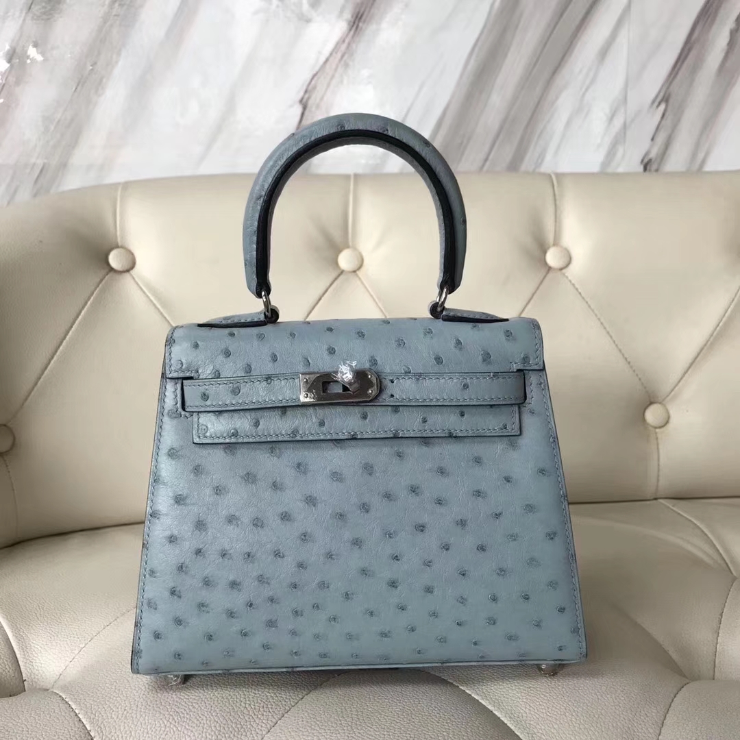 Hermès（爱马仕）Kelly 20cm 大耳朵 kk鸵鸟皮 8U冰川蓝 银扣 接受定制