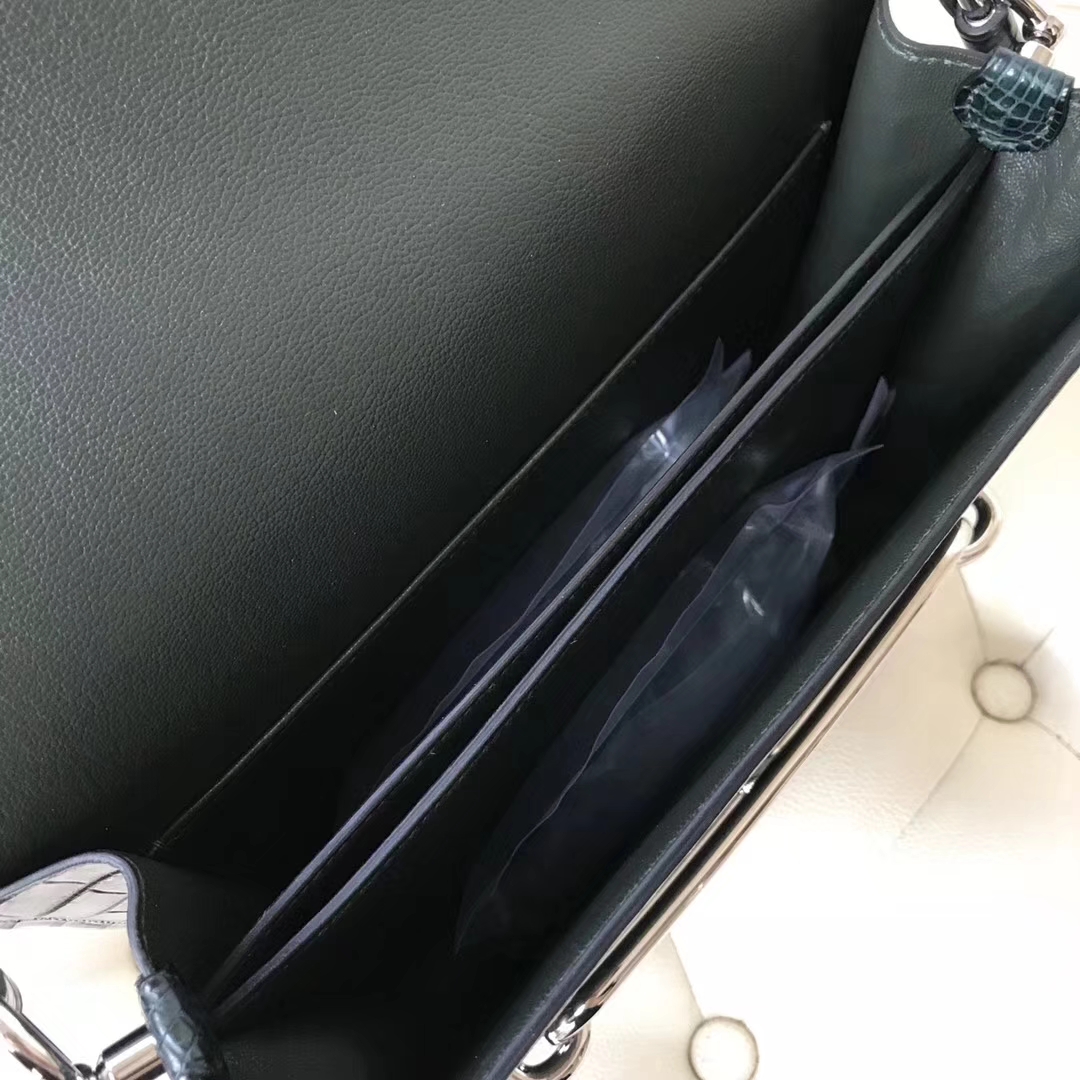 Hermès（爱马仕）Roulis 23cm 01自然色蜥蜴 拼 1T 泰坦绿 雾面框框鳄鱼 银扣