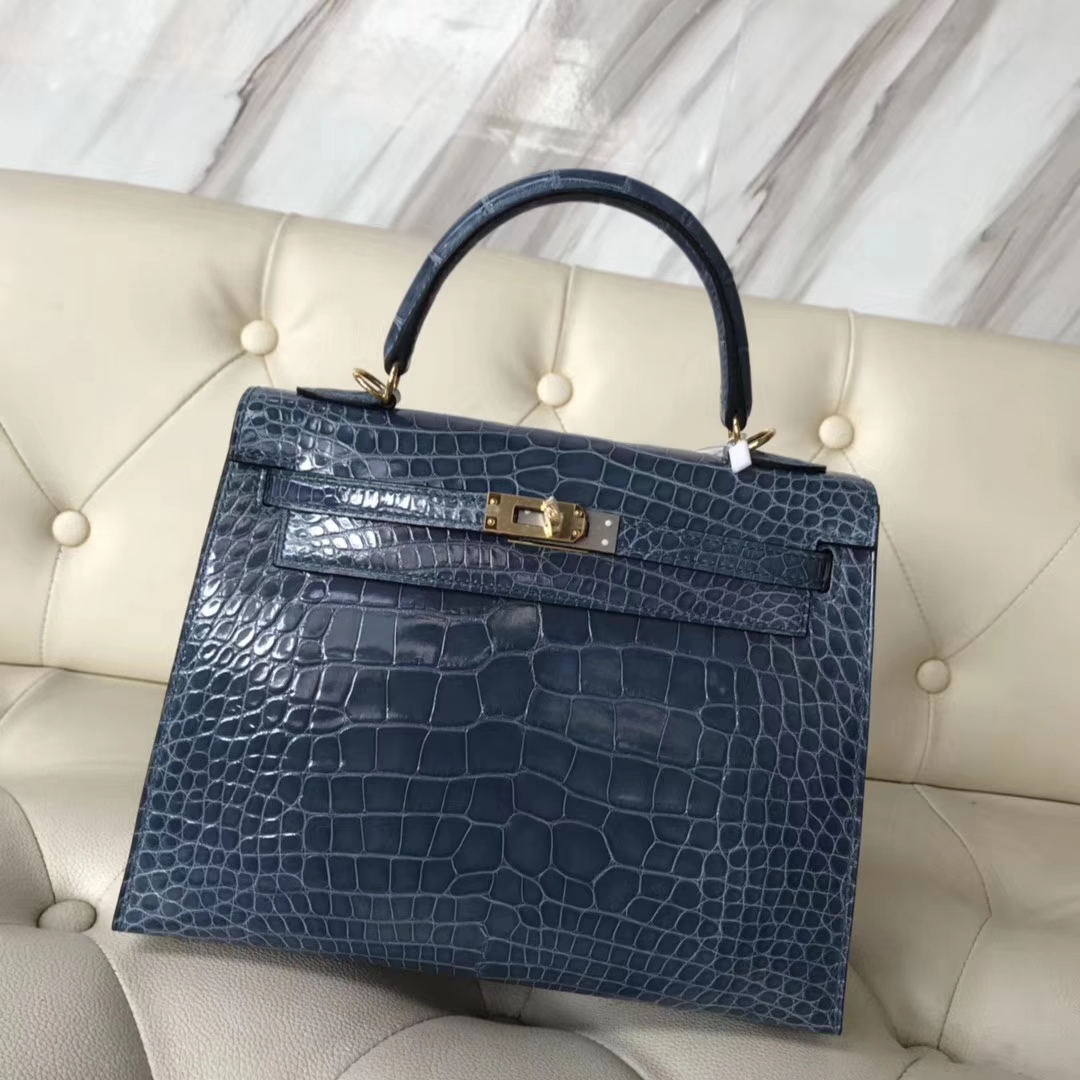 Hermès（爱马仕）Kelly25cm Alligator shiny 亮面鳄鱼 7N 风暴蓝 金扣