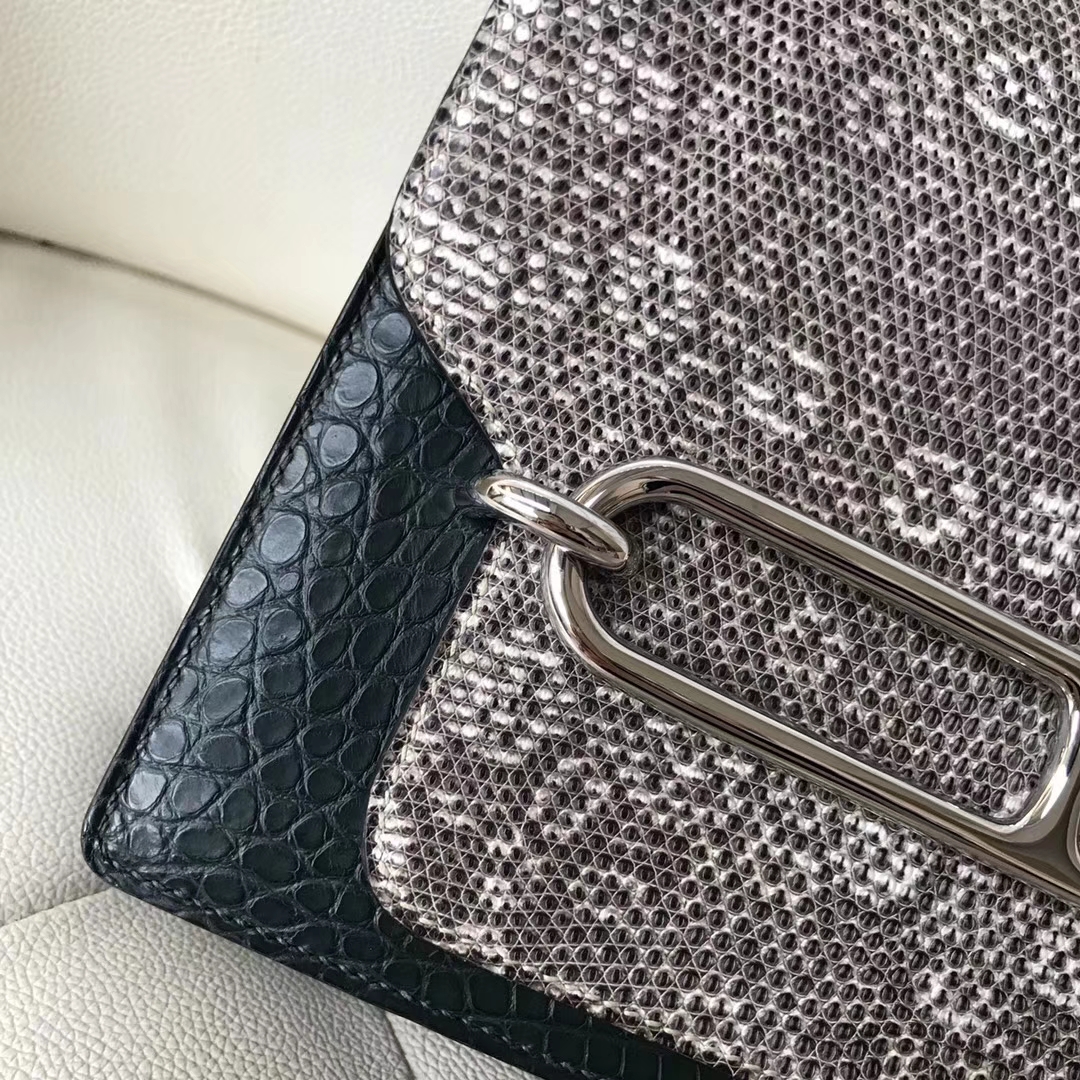 Hermès（爱马仕）Roulis 23cm 01自然色蜥蜴 拼 1T 泰坦绿 雾面框框鳄鱼 银扣