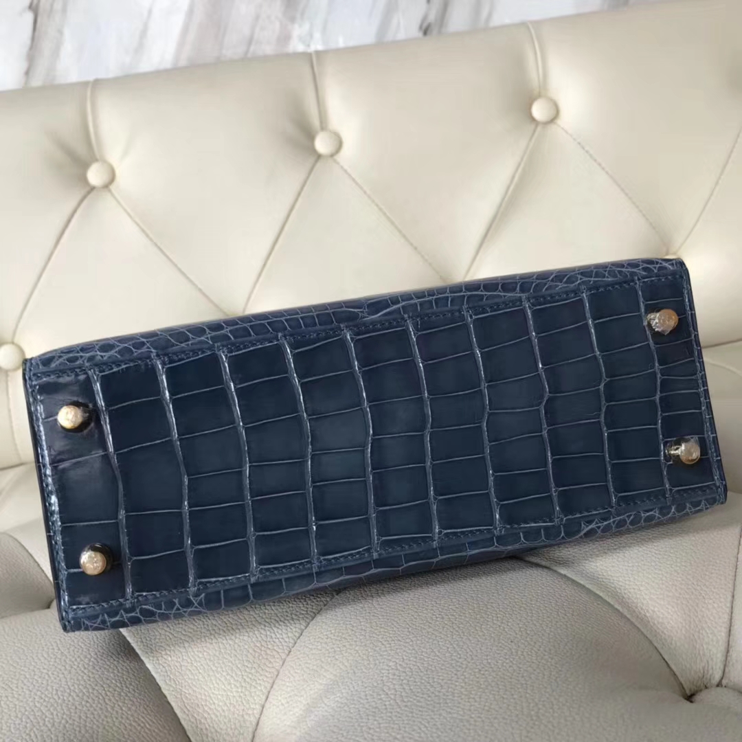 Hermès（爱马仕）Kelly25cm Alligator shiny 亮面鳄鱼 7N 风暴蓝 金扣