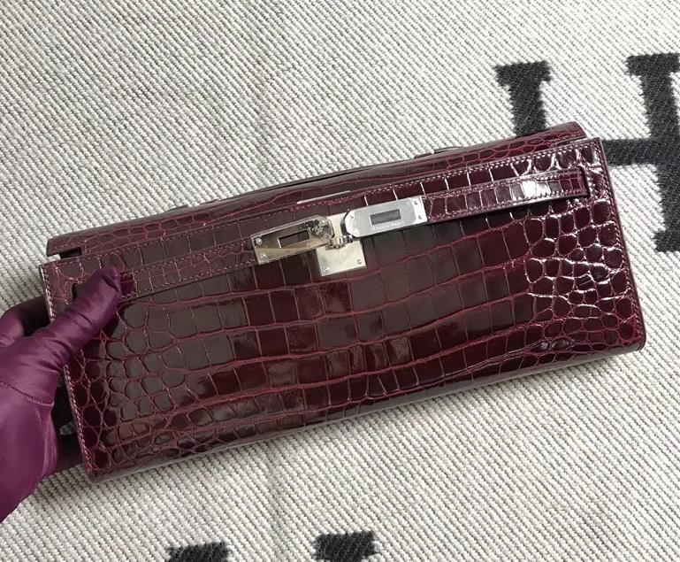Hermès（爱马仕）kelly cut 31cm Crocodile shiny 亮面鳄鱼 5L 酒红色 金扣