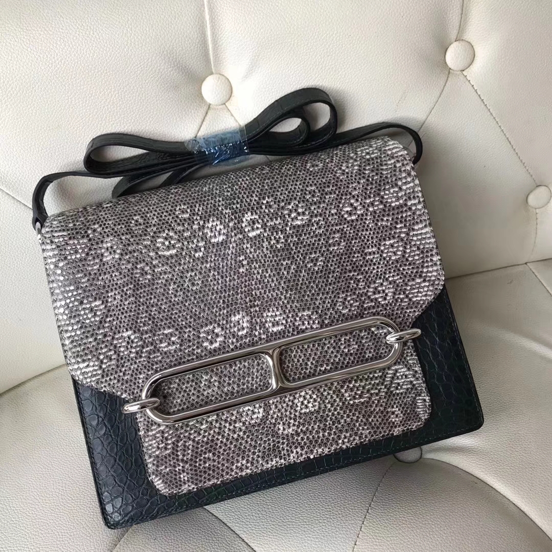 Hermès（爱马仕）Roulis 23cm 01自然色蜥蜴 拼 1T 泰坦绿 雾面框框鳄鱼 银扣