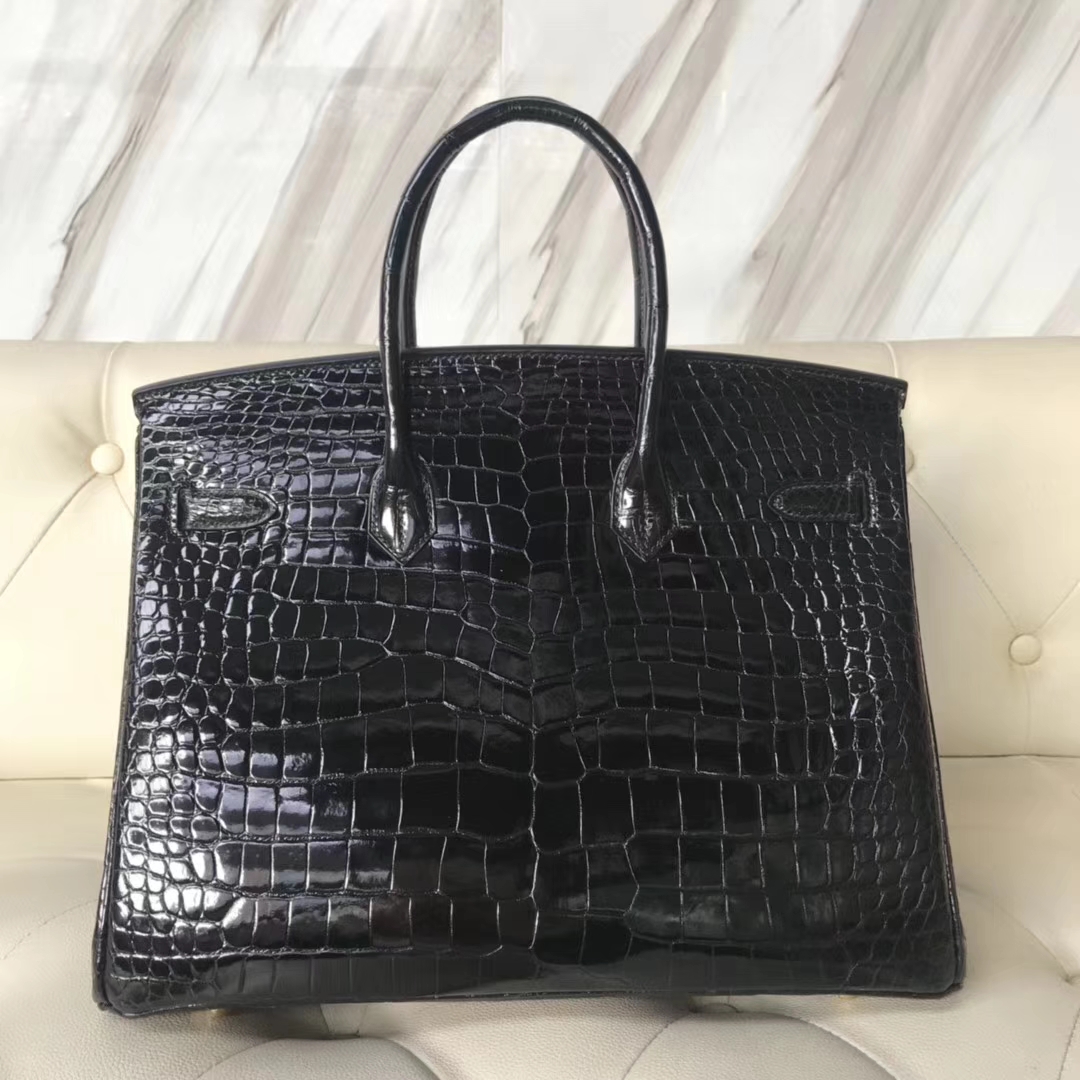 Hermès（爱马仕）Birkin35cm Porosus shiny 亮面澳洲湾鳄 ck89 黑色 金扣