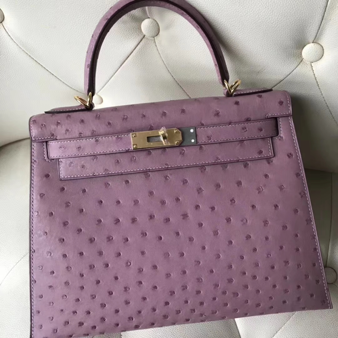 Hermès（爱马仕）Kelly 28cm ostrich kk鸵鸟 薰衣草紫 顶级工艺 蜡线全手工 金扣 接受定制