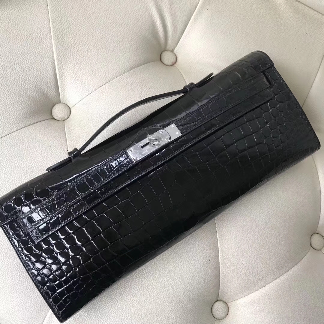 Hermès（爱马仕）Kelly cut 31cm porosus shiny 亮面鳄鱼 ck89 黑色 银扣