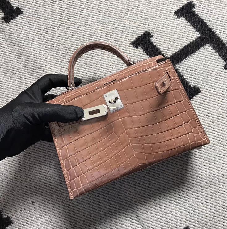 Hermès（爱马仕）Minikelly ll Alligator shiny 亮面鳄鱼 6Ｑ 褐色 银扣