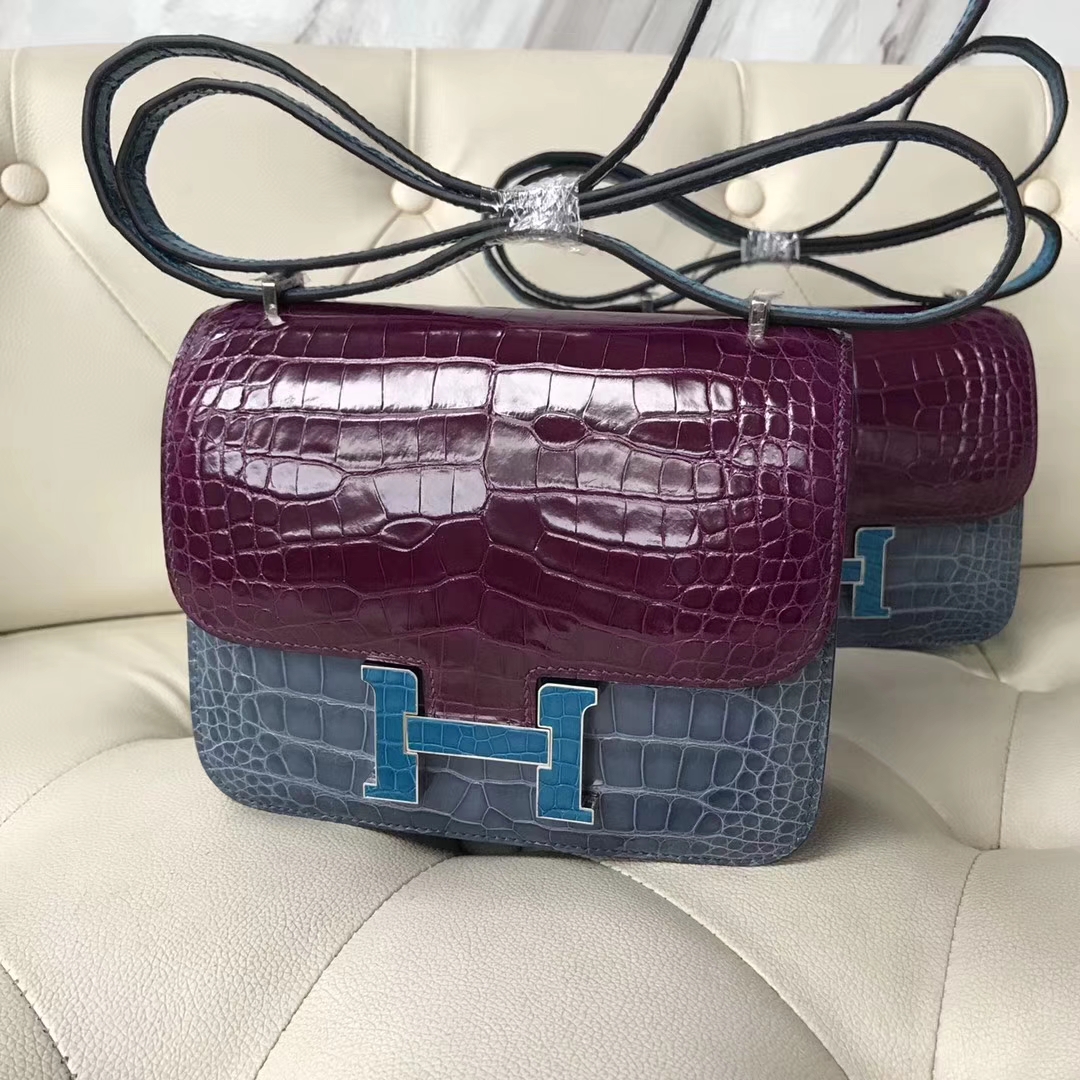 Hermès（爱马仕）Constance18cm Crocodile shiny 亮面鳄鱼 三拼 加伦紫拼牛仔蓝拼伊兹密尔蓝 鳄鱼扣