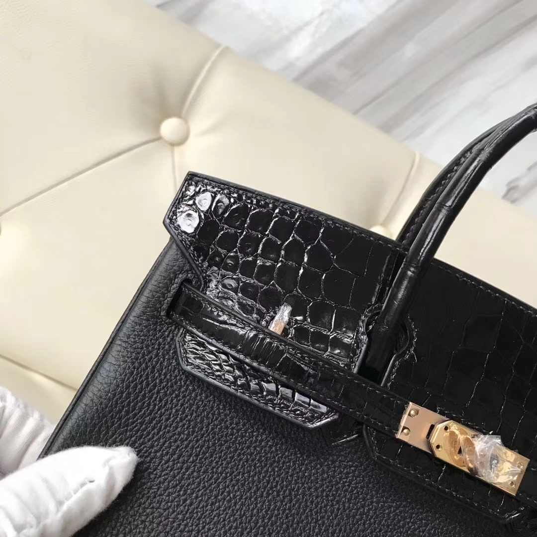 Hermès（爱马仕）Birkin25cm togo 鳄鱼 ck89 黑色  玫瑰金 Rose gold 定制款