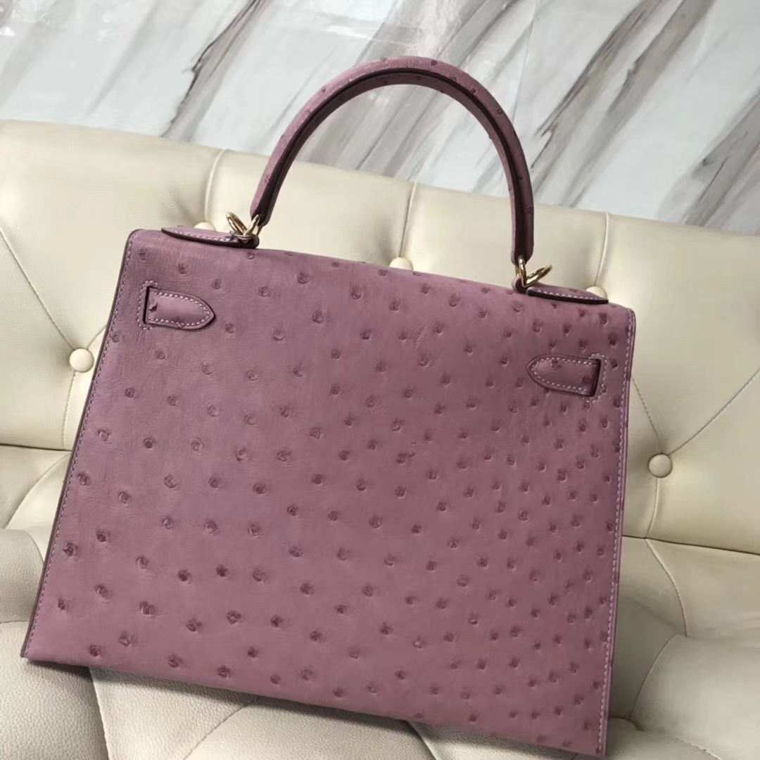 Hermès（爱马仕）Kelly 28cm ostrich kk鸵鸟 薰衣草紫 顶级工艺 蜡线全手工 金扣 接受定制