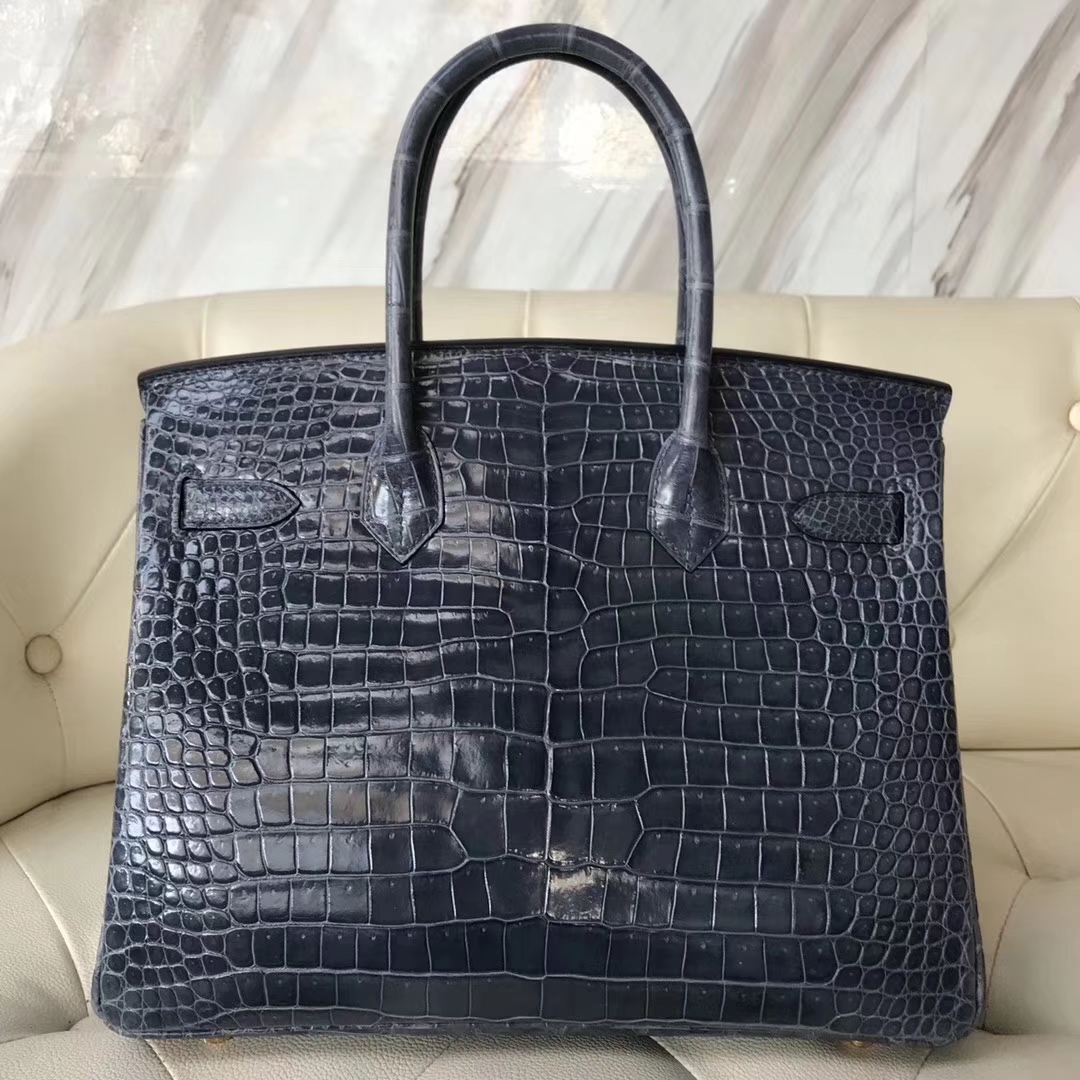 Hermès（爱马仕）Birkin30cm shiny porosus crocodile 澳洲湾鳄 N7风暴蓝 蜡线全手工 金扣