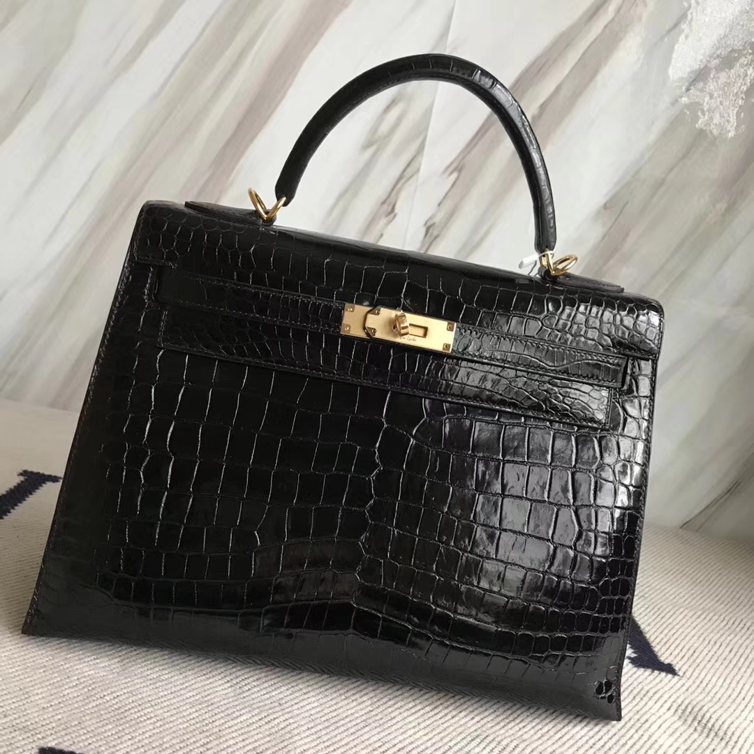Hermès（爱马仕）Kelly32cm Porosus shiny 亮面澳洲湾鳄 ck89 黑色 金扣