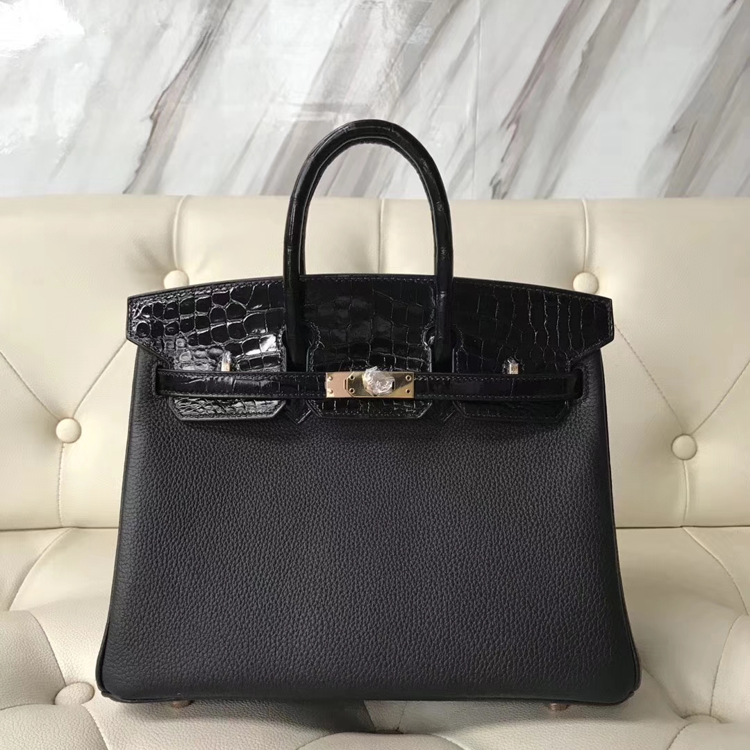 Hermès（爱马仕）Birkin25cm togo 鳄鱼 ck89 黑色  玫瑰金 Rose gold 定制款
