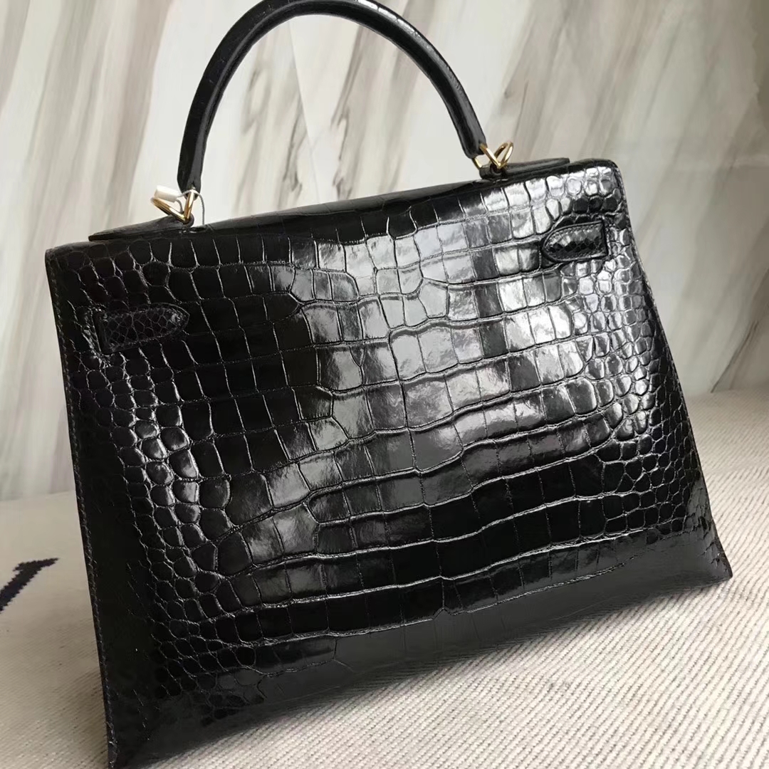 Hermès（爱马仕）Kelly32cm Porosus shiny 亮面澳洲湾鳄 ck89 黑色 金扣