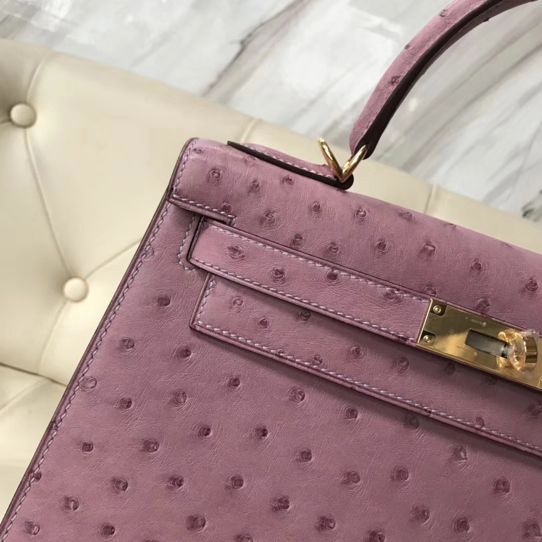 Hermès（爱马仕）Kelly 28cm ostrich kk鸵鸟 薰衣草紫 顶级工艺 蜡线全手工 金扣 接受定制