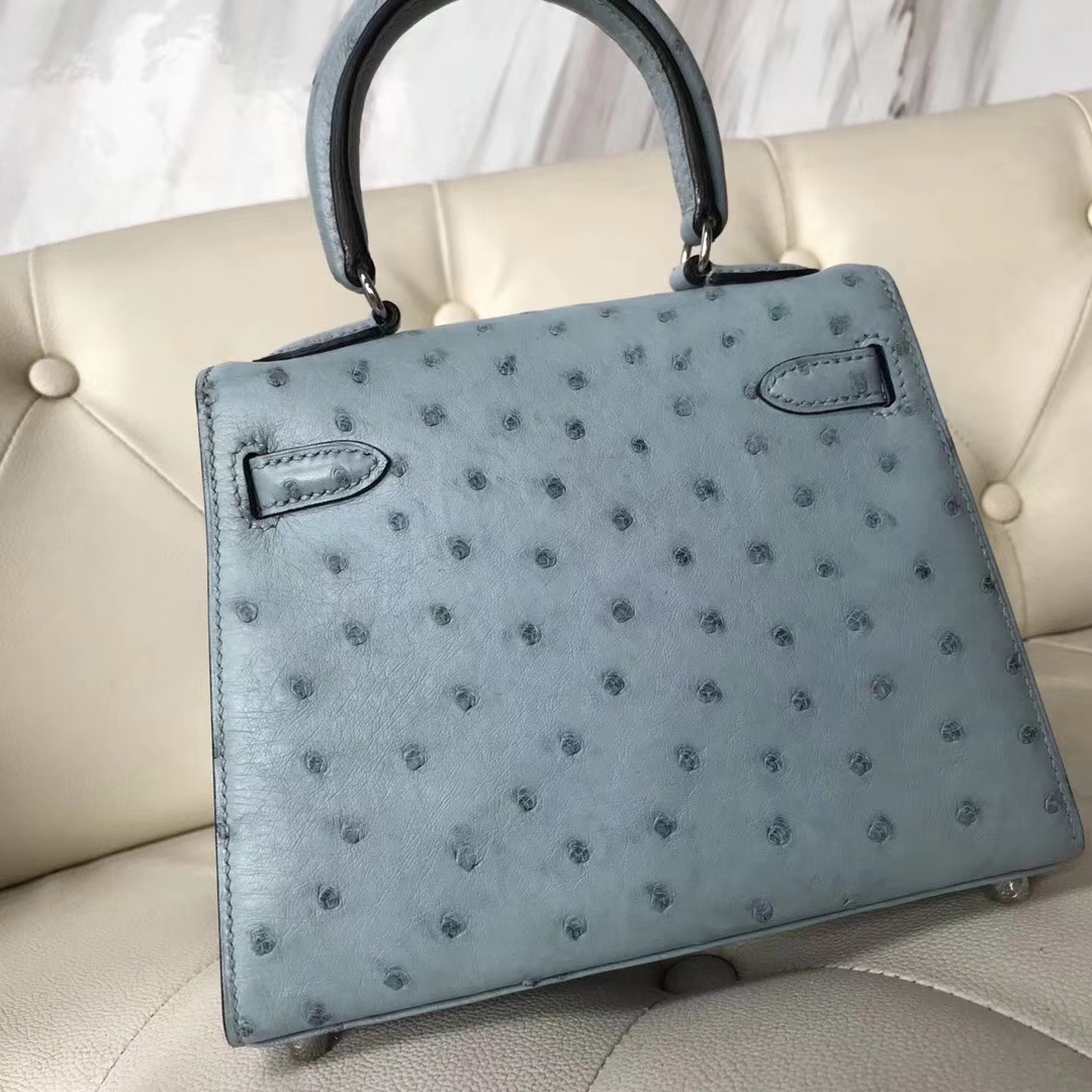 Hermès（爱马仕）Kelly 20cm 大耳朵 kk鸵鸟皮 8U冰川蓝 银扣 接受定制