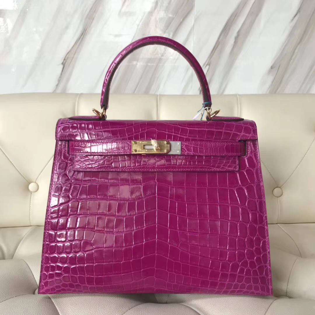 Hermès（爱马仕）Kelly28cm Crocodile shiny 亮面两点鳄鱼 J5 天方夜谭粉紫 金扣