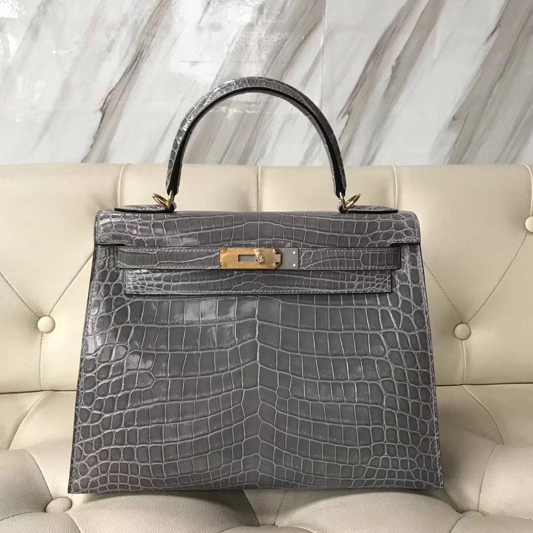 Hermès（爱马仕）Kelly28cm shiny nilo crocodile 8U冰川蓝 顶级工艺 蜡线全手工 金扣