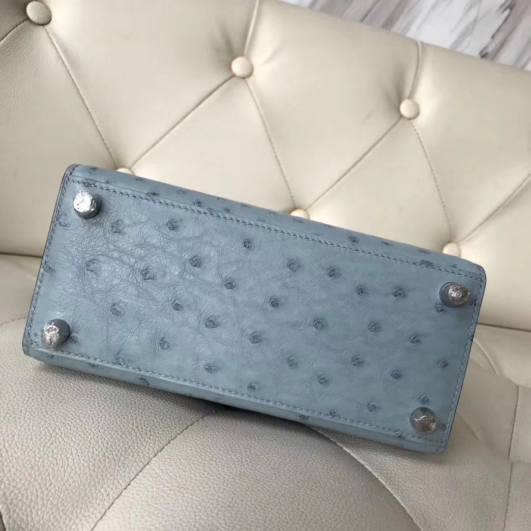 Hermès（爱马仕）Kelly 20cm 大耳朵 kk鸵鸟皮 8U冰川蓝 银扣 接受定制