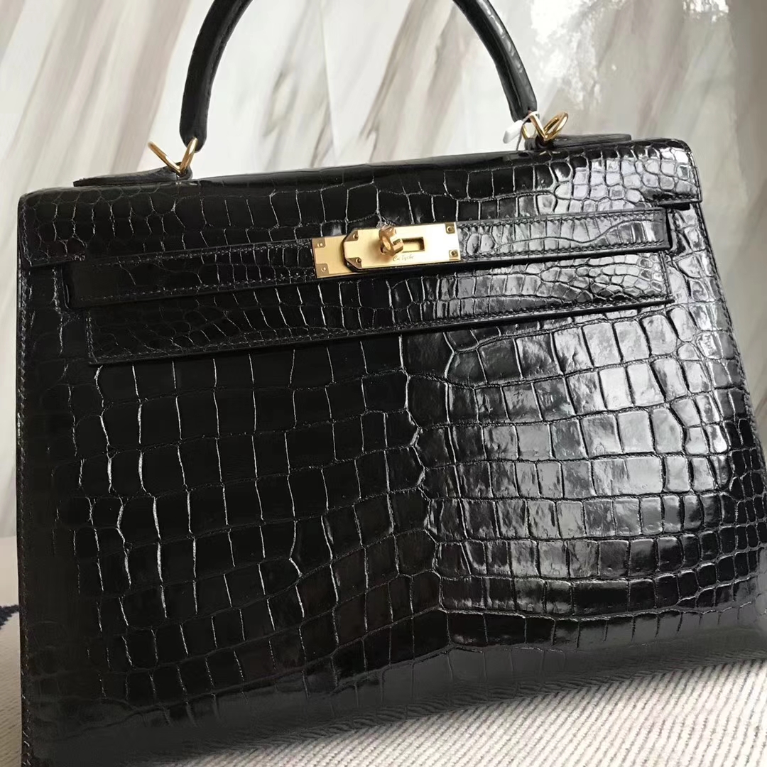 Hermès（爱马仕）Kelly32cm Porosus shiny 亮面澳洲湾鳄 ck89 黑色 金扣