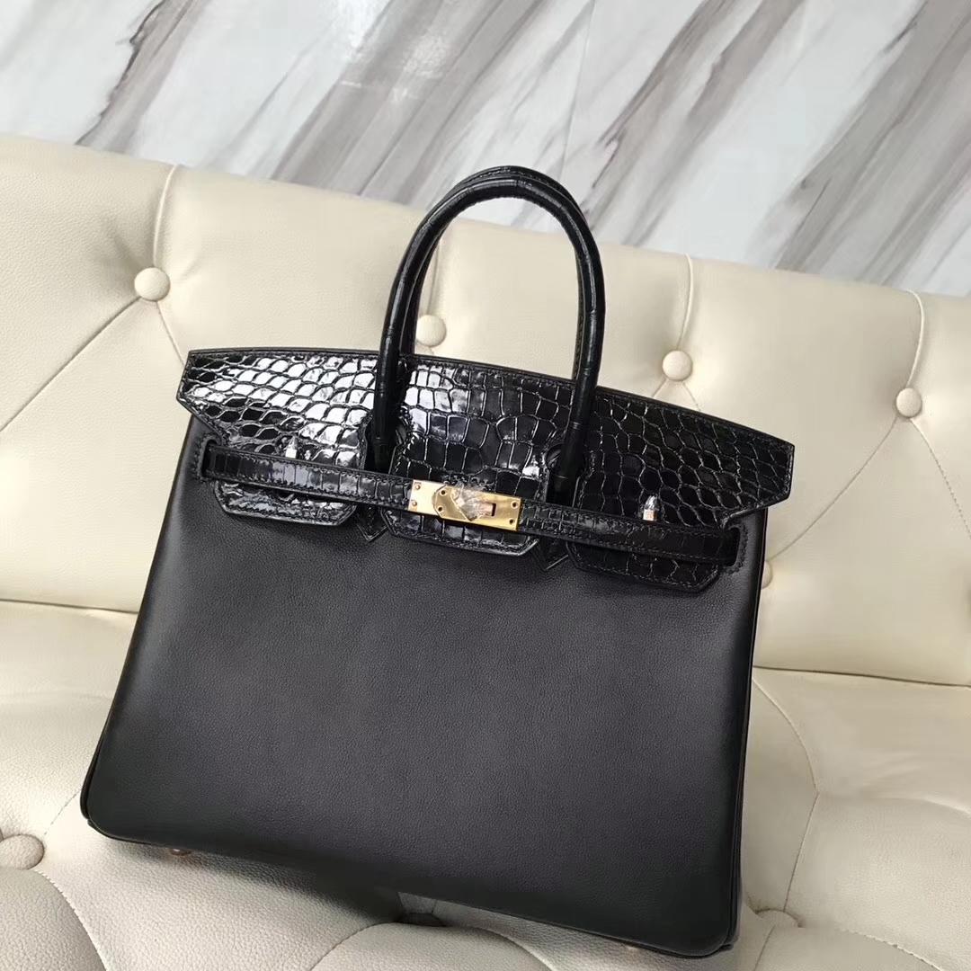 Hermès（爱马仕）Birkin25cm Swift 亮面鳄鱼 黑色 玫瑰金 Rose gold