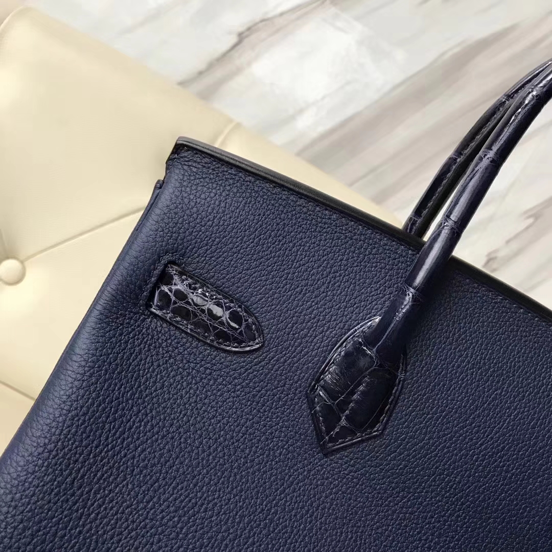 Hermès（爱马仕）Birkin30cm togo ck37宝石蓝拼亮面鳄鱼 ck78深海蓝 顶级工艺 蜡线全手工 玫瑰金