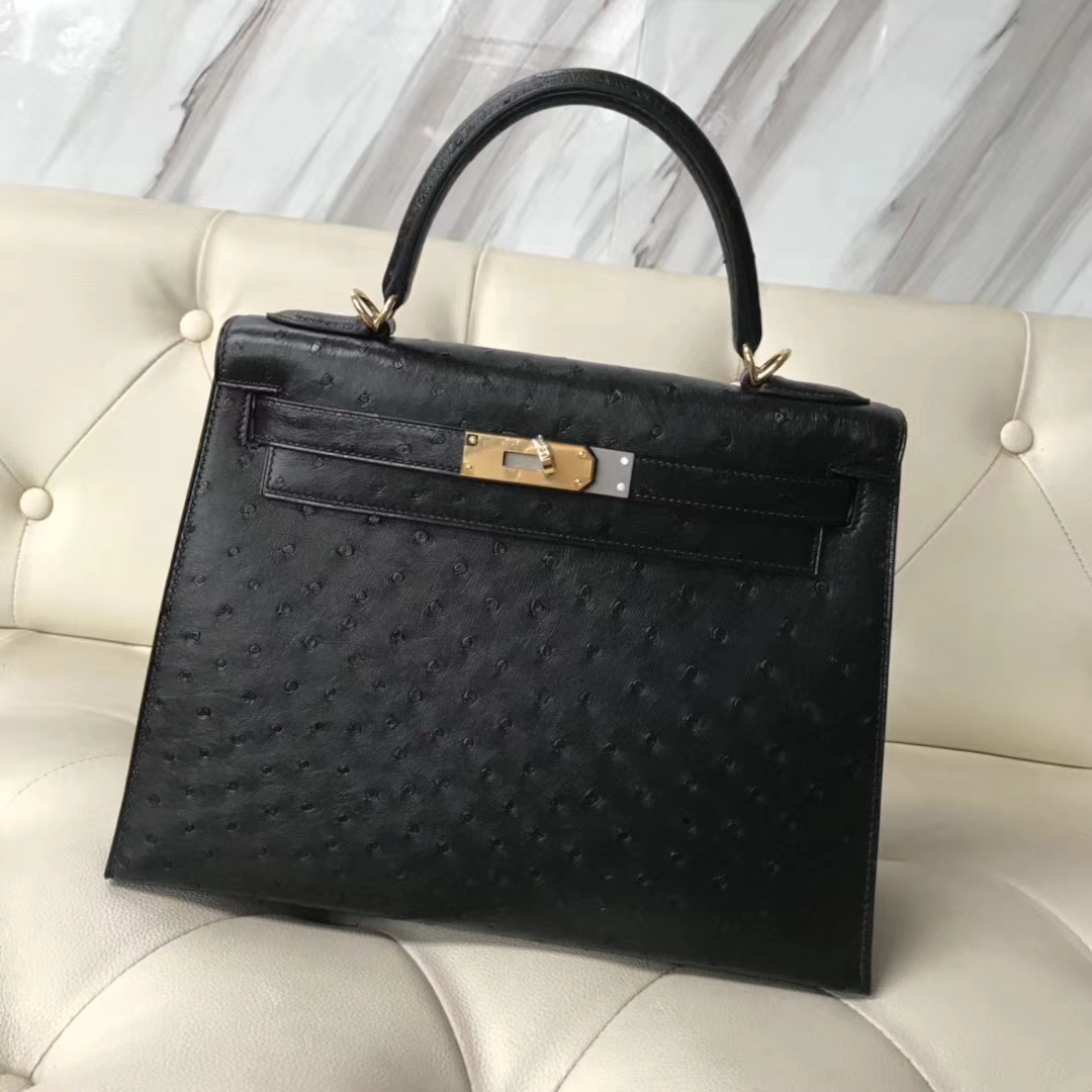 Hermès（爱马仕）Kelly28cm ostrich kk鸵鸟 顶级鸵鸟皮 ck89黑色 蜡线全手工 金扣一枚