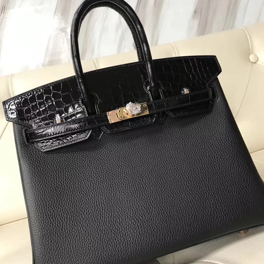 Hermès（爱马仕）Birkin25cm togo 鳄鱼 ck89 黑色  玫瑰金 Rose gold 定制款