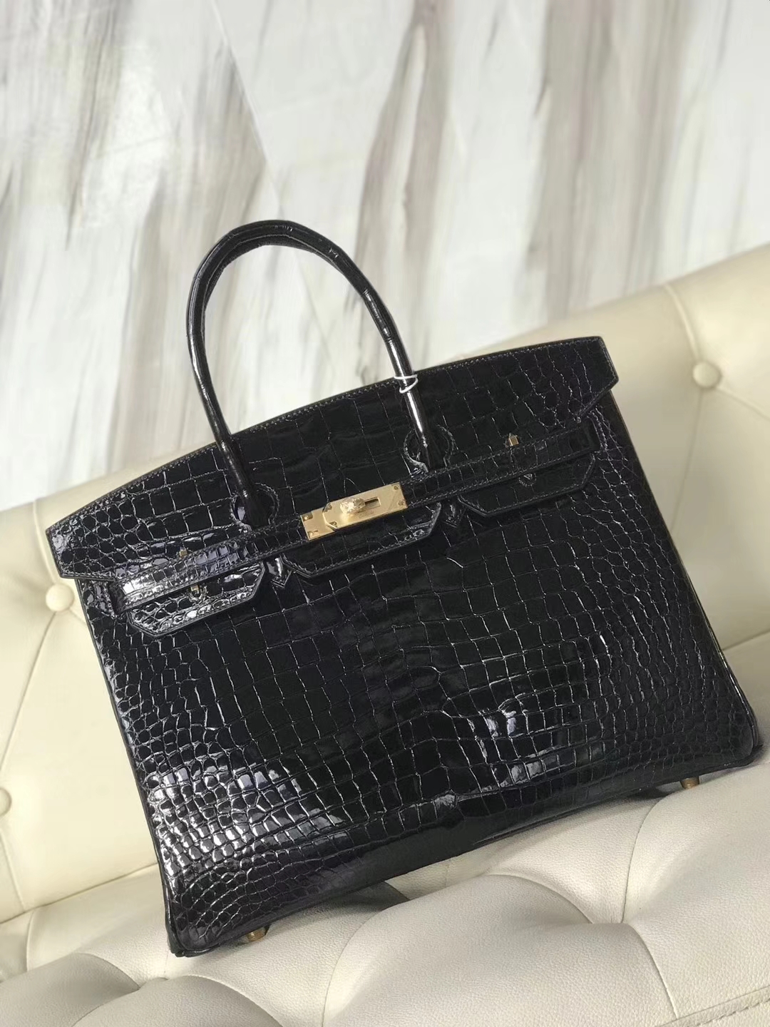 Hermès（爱马仕）Birkin35cm Porosus shiny 亮面澳洲湾鳄 ck89 黑色 金扣