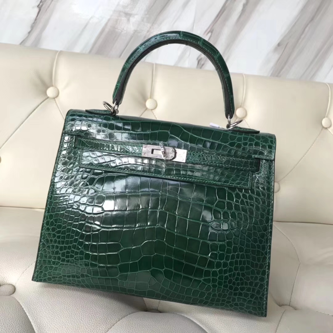 Hermès（爱马仕）Kelly25cm Alligator shiny 亮面鳄鱼 ck67 祖母绿 vert fonce 银扣
